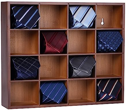 Ribgwo Wall Mounted Tie Rack - 16 Compartment Tie Organizer with Display Racks for Bedroom & Wardrobe