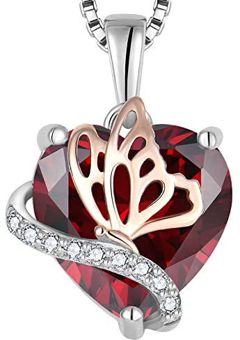 YL Collier Cœur Argent 925 taillé Janvier Pierres de Naissance Grenat Papillon Pendentif pour Femme