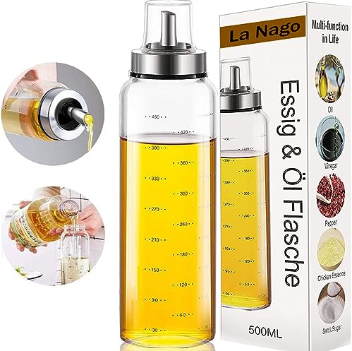 La Nago Oil Dispenser 500ml/17OZ Olive Oil Bottle Glass Drizzler Vinegar Bottle Wide-Neck Easy to refill & Clean, Kitchen Leak-proof Drizzlers Bottles Stainless Spout for Cooking Lead-free