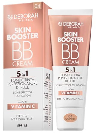 Deborah Milano BB Cream Skin Booster, n.04 Caramel, SPF 15, med C-vitamin, färgglad ansiktskräm, andra hud, 30 ml