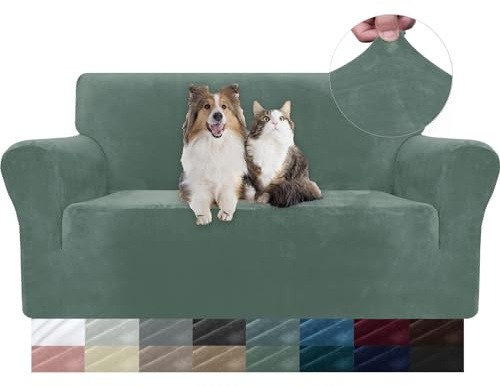 YSTELLAA Samt Sofa Überzug 2 Sitzer, Stretch Sofahusse Universal, Sofaschoner rutschfest, Sofa Covers Mit Armlehne, Couch Bezug Schutz Katze, Waschbare Couchschoner, Hellgrün