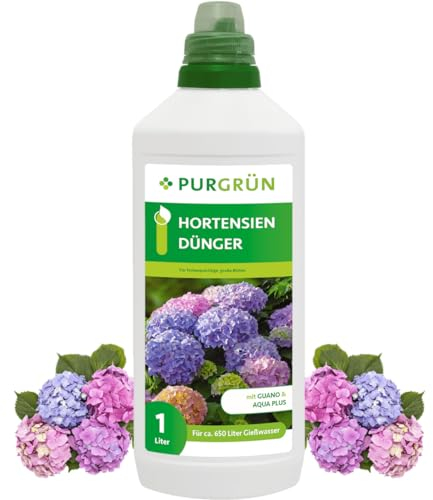 Purgrün® Hortensiendünger 1 Liter – Wirkt schnell & zuverlässig – Wunderelixier für Farbexplosion & Vitalität – Gesundes Wachstum dank Spurennährstoffen – Premium-Blumendünger für 200 Liter Wasser