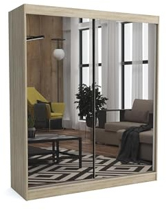 Brent - Kleiderschrank mit Spiegel Dave, 180cm Breit, Schlafzimmerschrank mit 1 Kleiderstange und Einlegeböden für Kleidung, Kleiderschrank Sonoma Eiche