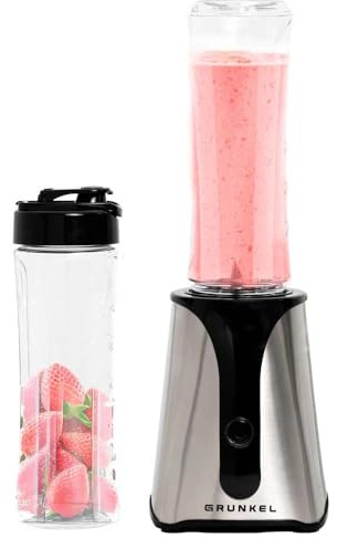 Batidora de vaso portatil GRUNKEL de 350 W, mini batidora smoothie con jarra de plástico de 750 ml, incluye 2 botellas portátil de 750 ml, 4 cuchillas extraíbles (Inox)