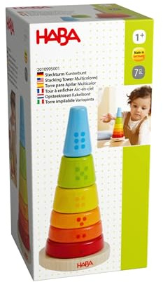 HABA Steckturm Kunterbunt - Motorikspielzeug aus bunten Stapelringen - Babyspielzeug aus Holz - Made in Germany - Ab 12 Monaten – 2010995001