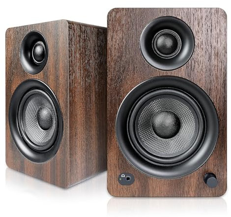 UCINNOVATE Altavoces activos para estantería, 1 par de altavoces compactos de alta fidelidad, entrada Bluetooth y AUX, carcasa de madera, sonido envolvente dinámico 3D para música, discos de vinilo,