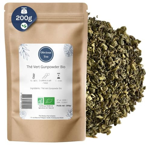 Thé Vert Gunpowder Bio - Thé Vegan en Vrac Riche en Caféine, 100% Naturel, Sans OGM - Agriculture Biologique - Conditionné en France - Sachet 200 gr (100 Tasses)