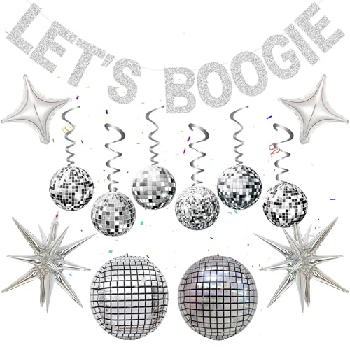 70s Disco Party Banner Decorations - 23 Pieces Silver Lets Boogie Decor Hanging Swirls, Explosion Star Laser Disco Balloons for 60s 80s 90s Retro Party Ceiling Supplies