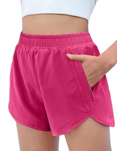 Arshiner flickor shorts sommarshorts enfärgade träningsbyxor aktiva shorts barn hög midja löpning cykelshorts sportbyxor med blixtlåsfickor 5-14 år, Rosenröd, 9-10 År