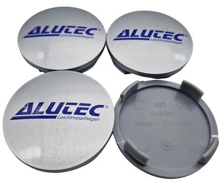 4X Alutec Nabendeckel 60mm Silber (N23) Logo Blau (ALD) - Original Felgendeckel/Nabenkappe/Hubcap