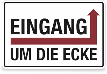 Hinweisschild Eingang um die Ecke - PVC-Folie, selbstklebend - BxH: 30,0 x 20,0 cm - Rechtsweisend - Symbol und Text - Schwarz/Rot - Betriebsausstattung24
