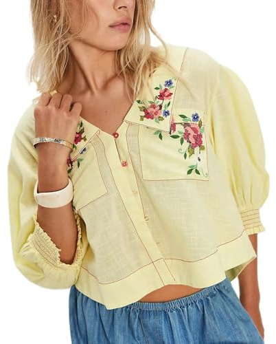 Women Y2k Button Up Embroidered Floral Blouse Crop Tops People Cute Puff Smocked Sleeve Going Out Tshirts Frees Summer Sheer Linen Top Dupes Yellow