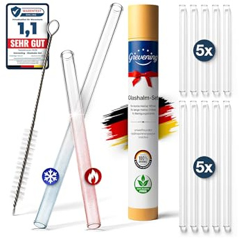 GREVENING Strohhalme Glas Set - Glas Strohhalm Trinkhalme - Made in Germany | 10 Stück: 5 kurz & 5 lang (145mm/210mm) - inkl. Reinigungsbürste - Spülmaschinenfest, kratzfest – Lebensmittelecht