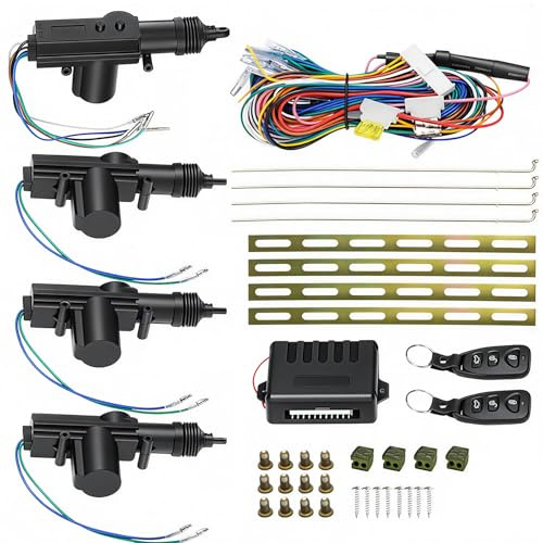 Cierre Centralizado Universal Coche 12V Kit con 2 Mandos de Garaje Universales (50-80M), 4 Actuadores de Cerradura de Puertas, Alarma Para Coche y BotóN de LiberacióN de Equipaje, Acceso Sin Llaves