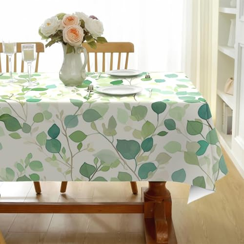 Hellgrüne Blätter Tischdecke Quadratische 180x180 cm, Fleckabweisende Abwaschbare Tischdecke mit Frische Pflanzen Muster, Natürlicher Stil Gartentischdecke, Für Küche, Esszimmer -AAk15