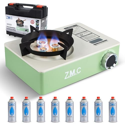 ZMC Gasspis 1 glödlampa 3 500 W med 3 brännarsystem och piezo-tändning, bärbart campingkök inkl. transportfodral, kompakt och lätt 1,4 kg, (gasspis med 8 x gas)