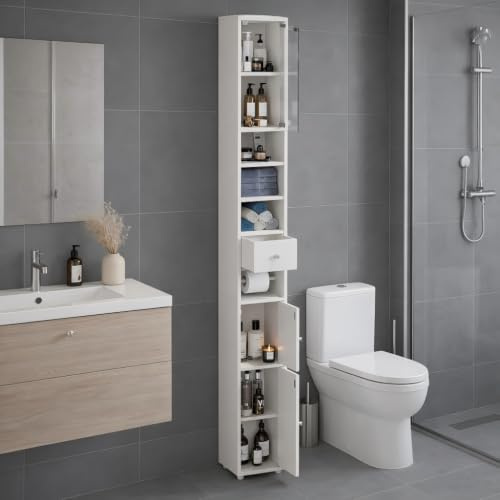 MoraRise Tall Bathroom Cabinet,Slim Bathroom Storage Unit w/2 Door Cabinets | Freestanding Narrow Cupboard w/Top Glass Storage Cabinet&Open Shelves&Adjustable Drawer,for Small Spaces,Living Room Hallway