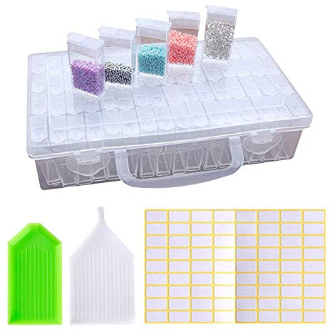 O-Kinee Diamond Painting Aufbewahrungsbox，64 Fächer Diamant Stickerei Sortierbox mit aufklebern、trichterplatte，Aufbewahrungbox in Stabiler Diamond Painting Box für Nägel, Strass, Perlen, DIY Handwerk