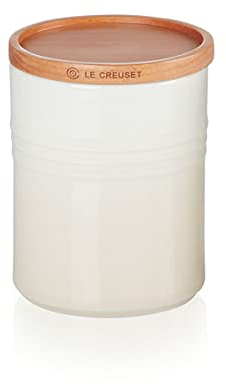 LE CREUSET Steinzeug Mittelgroße Vorratsdose mit Holz-Deckel, Steinzeug, 540 ml, 10 cm, Meringue, 60825547160099