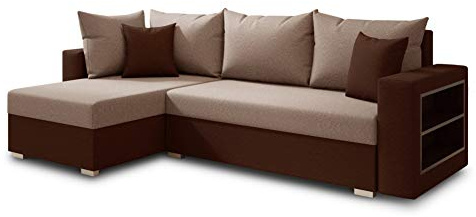 Ecksofa Lord mit praktischen Regal - Sofa mit Bettkasten und Schlaffunktion, Schlafsofa, Polsterecke, Couch L-Form, Couchgarnitur, Sofagarnitur (Braun + Beige (Alova 68 + 07), Ecksofa Links)