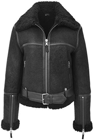 A1 FASHION GOODS Luxuriöse Damen-Fliegerjacke aus echtem Schaffell, echtes schwarzes Lammfell, Harriet, Schwarz , 40