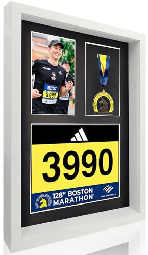 MedalAwardsRack 3-in-1-Schattenbox-Schaukasten, Medaille, Renn-Startnummer und Fotorahmen, Halterung für Marathon- und Triathlon-Startnummern, Wandmontage, gehärtetes Glas, Holzrahmen, weiß