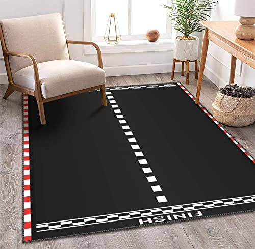 OBIEORNNCFUJ Kinderteppich, Rennstrecke mit Start- und Ziellinie, Auto oder Kartfahren, Straßenrennen, 3D-Teppiche für Spielzimmer, Schlafzimmer, Klassenzimmer, Dekoration, Yogamatte, rutschfeste