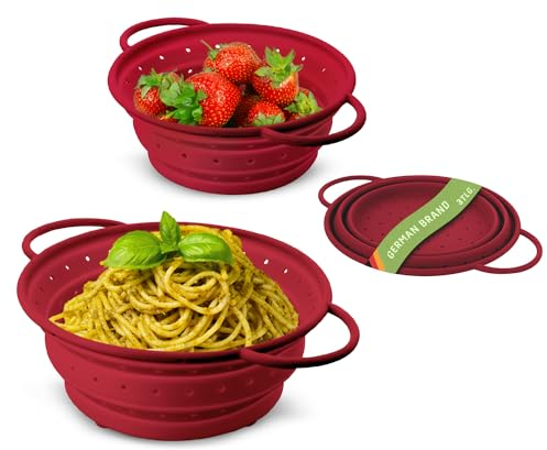 Coolinato – Silikonsieb faltbar 3er Set 16/20/ 24cm Rot – Nudelsieb zum abseihen - Küchensieb spülmaschinenfest, BPA-frei, & hitzebeständig bis 230°C - Platzsparendes Abtropfsieb zusammenklappbar