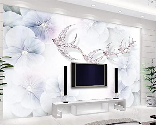 Yimesoy Custom Mural Photo Wallpaper Light Luxury Lavender Bird Pansy Hand-Painted Tv Background Wall Living Room 200Cm(W)×140Cm(H)
