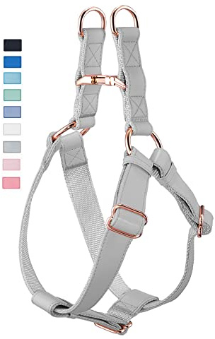 Soft Leather No Pull Dog Harness - Adjustable Step in Dog Harness with Rose Gold Heavy Duty Metal Buckle, Freedom Nylon Dog Halter Vests for Small Medium Large Dogs Easy Walking Training M, Grey