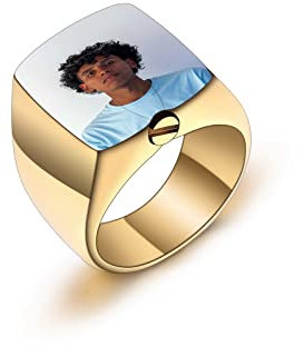 INBLUE Ringe Herren Asche Ring Edelstahl Siegelring mit Gravur Personalisierter Foto Text Eingraviert Schwarzer Silber Ring Hunde Erinnerung Schmuck mit Trichter Werkzeug (Gold, Farbfoto, Größe 67)