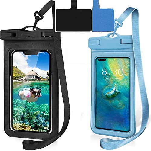 JMDZDL Custodia Impermeabile Smartphone [2 Pezzi], IPX8 Universale Cover Subacquea per iPhone 14 13 12 Pro Max, Samsung S23 Ultra/ S22/ A54/ S20 FE/ A53/ A52, Xiaomi Cellulare Fino a 7.0 Nero + Blu