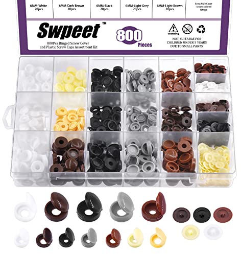 Swpeet 800 Pcs 5/32 1/5 1/4 8 Colors Plastic Screw Caps and Self Adhesive Screw Hole Stickers Assortment Kit, Snap Covers Washer Hole Tube Panel Plugs Fastener Cover Plugs