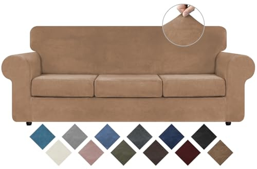 WEERRW 4 Pieces Polyester and Spandex High Stretch Couch Covers for 3 Cushion Couch Sofa Slipcovers, Furniture Protector with Non Slip Elastic Bottom, Feature Soft and Thick Plush Fabric, Camel, Large