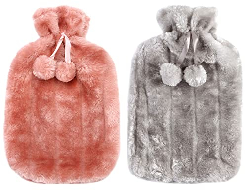 LSHDCER Wärmflaschenbezug 2 Stück - Verhindern Sie das Verbrühen des Wärmflasche, warm halten - Nur Abdeckung (Ohne Wärmflasche) Anwendbar auf 2000ml Wärmflasche, Grau+Rosa
