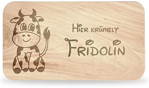 Frühstücksbrettchen Kinder - tolles Frühstücksbrettchen Holz mit Kuh | Personalisieren, personalisierte Geschenke Kinder, Schneidebrett mit Gravur, Geschenk zur Taufe/Einschulung