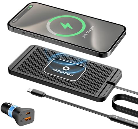 Wireless Car Charger Pad, REESTECQI 15W Non Slip Wireless Charging Pad for Car with 40W Type C Car Charger for Airpods iPhone 17/16/15/14/13/12/11 Samsung Google (1M Cable)