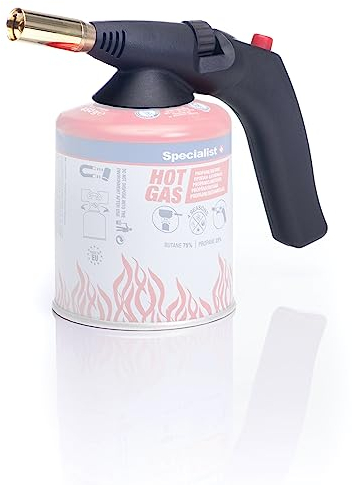 Specialist+ Quemador de gas con válvula básica para botellas estándar de la UE de 7/10 – Flambeador con encendido automático y regulador de llama – Temperatura hasta 1800 °C
