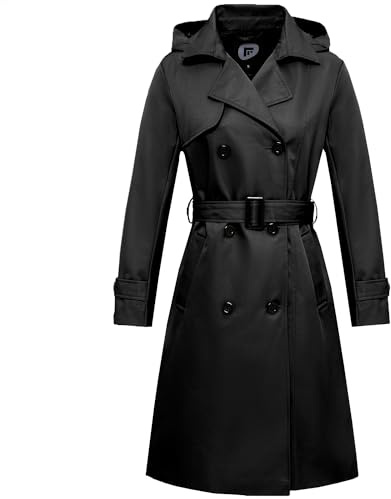 Garemcy Women's Long Waterproof Trench Coat Double Breasted Classic Lapel Coat Belted with Detachable Hood Black Medium