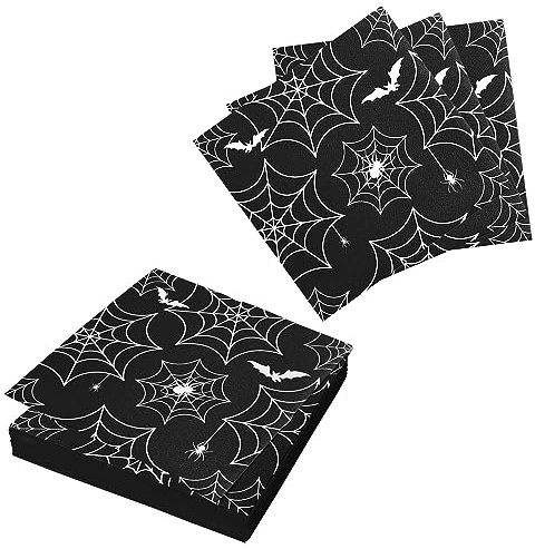 Halloween-Spinnennetz-Servietten – 24 Blatt, 17 x 17 cm, schwarzes Partygeschirr, Halloween-Einweg-Handtücher, Halloween-Party-Dekorationen für Abendessen, Küche, Partyzubehör