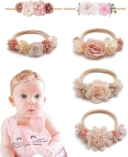KHIRY 6 Pezzi di Fiori per Capelli neonata, Fascia neonata Fiori, Cerchietto Fiori neonata, Fascetta Battesimo Bimba, Adatto per Festa neonata, Matrimonio, Foto di Famiglia