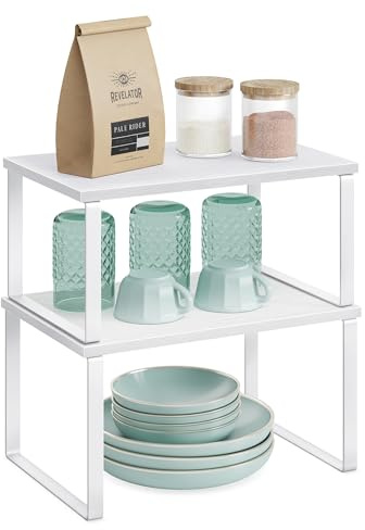 SONGMICS Spice Rack, Set of 2 Cupboard Shelf Organisers, Expandable Kitchen Shelf Organiser, Stackable Spice Holder, Metal and Engineered Wood, Cloud White and Snow White KCS02W01