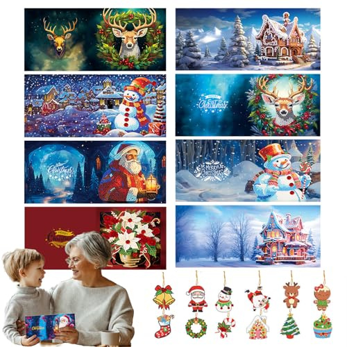UNKCEST 8 Stück Weihnachtskarten 5D DIY Diamant Malerei Karten - Diamond Painting Art Christmas Cards Kit + 8 Schmuckelementen Für Kreative Grüße
