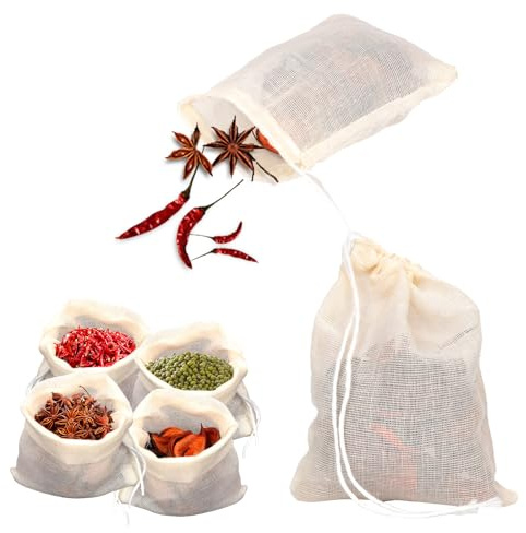 24St Gewürzbeutel zum Kochen, 9,8x8cm Kordelzug Suppenbeutel Musselin Beutel Wiederverwendbar Teefilterbeutel Kräuterbeutel Käsetuch Beutel für Gewürze Tee Kräuter Suppe Kochen