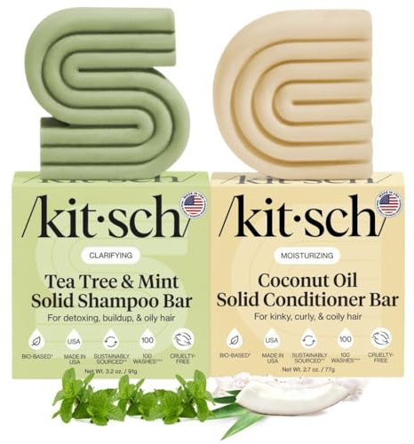 Kitsch Tea Tree Shampoo & Coconut Oil Conditioner Bar – Shampoo and Conditioner Set - Clarifying Bar Soap for Greasy Hair & Deep Moisturizing - Paraben, Silicone & Sulfate Free - Made in USA - 2 Pack