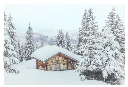 FRANK FLECHTWAREN, LED-Bild Winter, Leinen, Holz, Kunststoff, warmweiße LED, batteriebetrieben, An-/Aus-Schalter Maße: 58 x 36 cm, ohne Batterien, Winterlandschaft, Stimmungsbeleuchtung