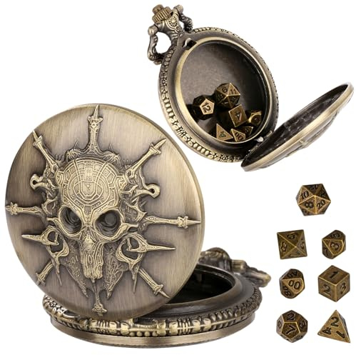 Mini DND Würfel Set, Steampunk, Hexenmeister, Taschenuhrgehäuse, 7-teiliges Polyedrisches Metall, D&D Würfel Set, DND Geschenke mit Geschenkbox, Rollenspiel Brettspiel Zubehör Würfel, Bronze