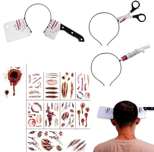 BNOYONERAS 3 Stück Halloween Horror Stirnbänder+Narben Tattoos, Messer im Kopf, Scary Halloween Horror Stirnband, Halloween Haarreif, Halloween Horror Haarbänder, Halloween Kostüm Accessoire Set