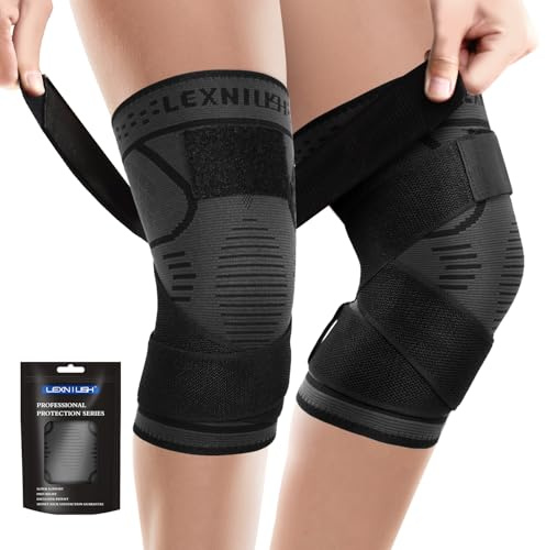 Tutore Ginocchio 2 Pezzi,Ginocchiera Ortopedica Fascia a Compressione,Sportiva per Palestra Uomo/Donna,per Menisco Lesionato Artrosi,Lesioni ai Legamenti（Nero, L）