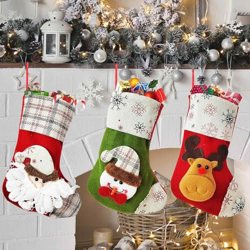 Hillylolly Chaussette de Noel 3 Pièces Chaussette de Noel Personnalisé, Chaussettes Noel a Suspendre, Botte de Noel, Chaussettes de Noël, Decoration Noel pour Escalier/Cheminée (Flocon de Neige)